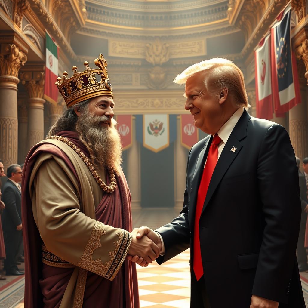 A fantastical scene depicting the historic figure Cyrus the Great shaking hands with Donald Trump, the former President of the United States