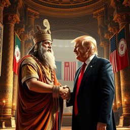 A fantastical scene depicting the historic figure Cyrus the Great shaking hands with Donald Trump, the former President of the United States