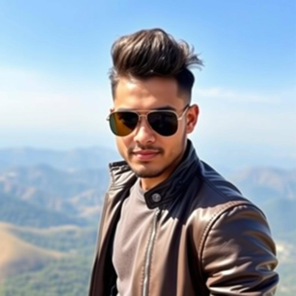 A 23-year-old Bangladeshi male model with a clean-shaven face standing confidently on a scenic hilltop