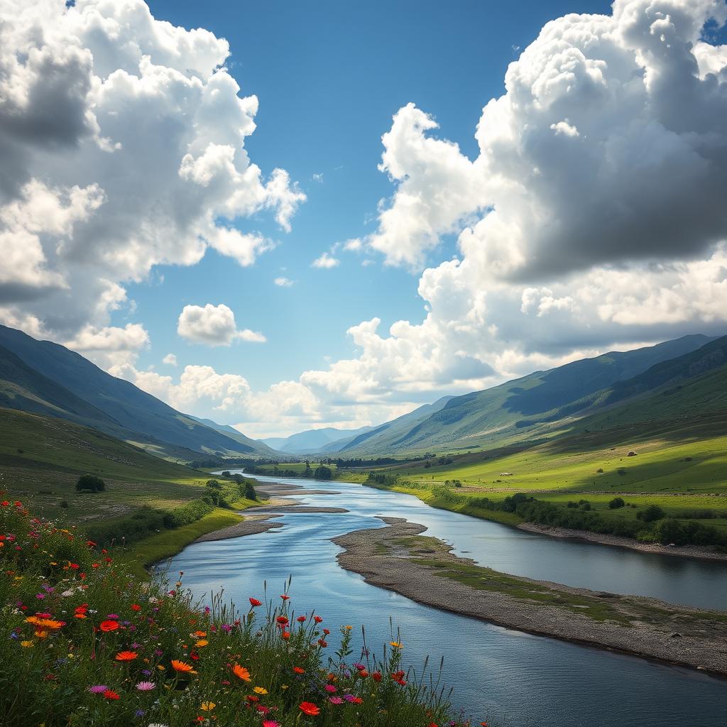 A stunning landscape featuring a serene river meandering through a lush green valley, surrounded by vibrant wildflowers in full bloom