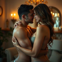 A sensual scene featuring a couple in an intimate embrace under soft, ambient lighting