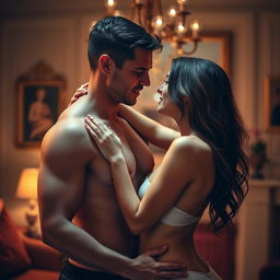 A sensual scene featuring a couple in an intimate embrace under soft, ambient lighting