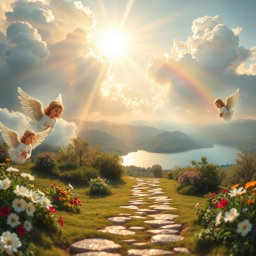 A serene and ethereal depiction of heaven, featuring fluffy white clouds bathed in warm golden sunlight, with soft rays illuminating a breathtaking landscape