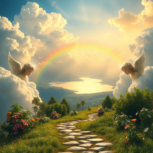 A serene and ethereal depiction of heaven, featuring fluffy white clouds bathed in warm golden sunlight, with soft rays illuminating a breathtaking landscape