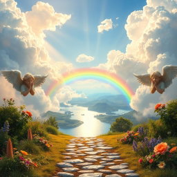 A serene and ethereal depiction of heaven, featuring fluffy white clouds bathed in warm golden sunlight, with soft rays illuminating a breathtaking landscape