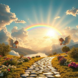 A serene and ethereal depiction of heaven, featuring fluffy white clouds bathed in warm golden sunlight, with soft rays illuminating a breathtaking landscape