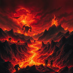A vivid and terrifying depiction of hell, showcasing a landscape filled with fiery lava rivers, dark ominous clouds, and jagged mountains