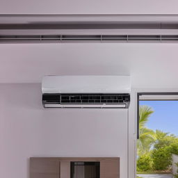 A modern, efficient air conditioner unit situated in a bright, clean room, quietly circulating cool air.