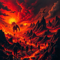 A vivid and terrifying depiction of hell, showcasing a landscape filled with fiery lava rivers, dark ominous clouds, and jagged mountains