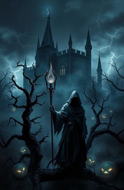 A dark fantasy poster depicting an eerie, enchanted forest shrouded in mist