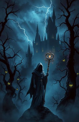 A dark fantasy poster depicting an eerie, enchanted forest shrouded in mist
