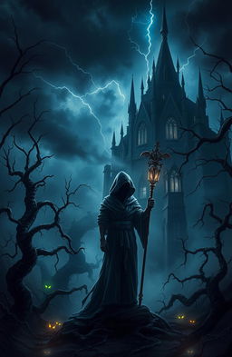 A dark fantasy poster depicting an eerie, enchanted forest shrouded in mist