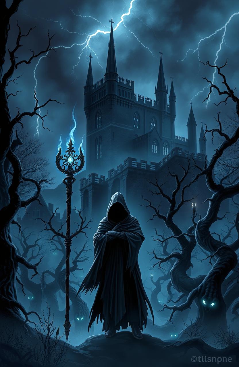 A dark fantasy poster depicting an eerie, enchanted forest shrouded in mist