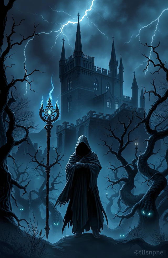 A dark fantasy poster depicting an eerie, enchanted forest shrouded in mist