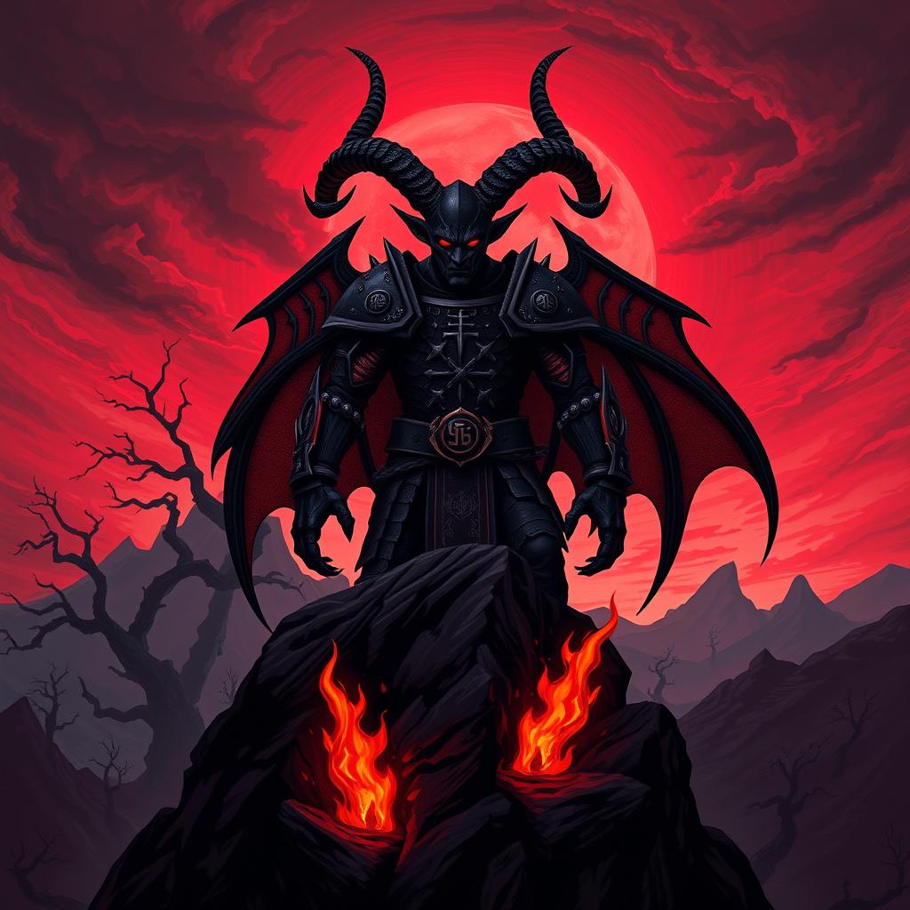 A dark fantasy poster featuring a menacing devil figure as the central subject
