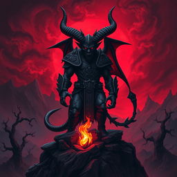 A dark fantasy poster featuring a menacing devil figure as the central subject