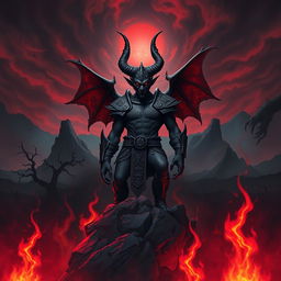 A dark fantasy poster featuring a menacing devil figure as the central subject