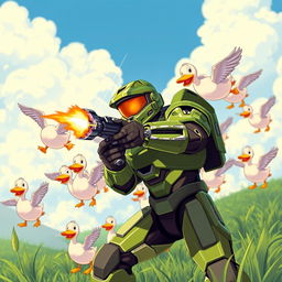 Master Chief in his iconic green armor, aiming and firing his weapon at a flock of cartoonish ducks in a whimsical setting