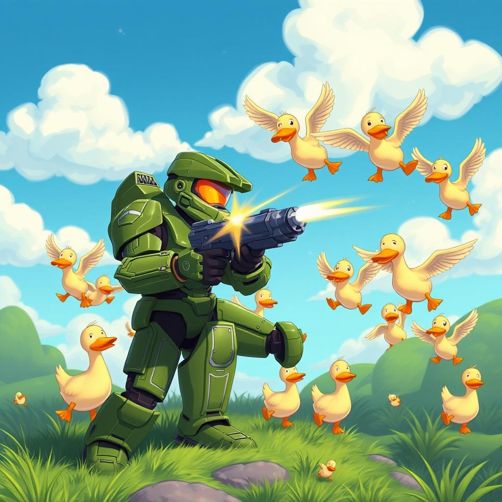 Master Chief in his iconic green armor, aiming and firing his weapon at a flock of cartoonish ducks in a whimsical setting