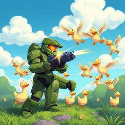 Master Chief in his iconic green armor, aiming and firing his weapon at a flock of cartoonish ducks in a whimsical setting