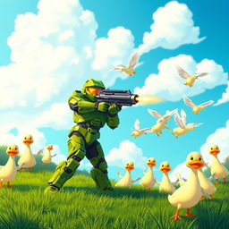 Master Chief in his iconic green armor, aiming and firing his weapon at a flock of cartoonish ducks in a whimsical setting