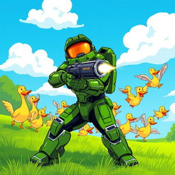 Master Chief in his iconic green armor, aiming and firing his weapon at a flock of cartoonish ducks in a whimsical setting