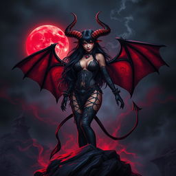 A dark fantasy poster featuring a captivating devil girl as the central character