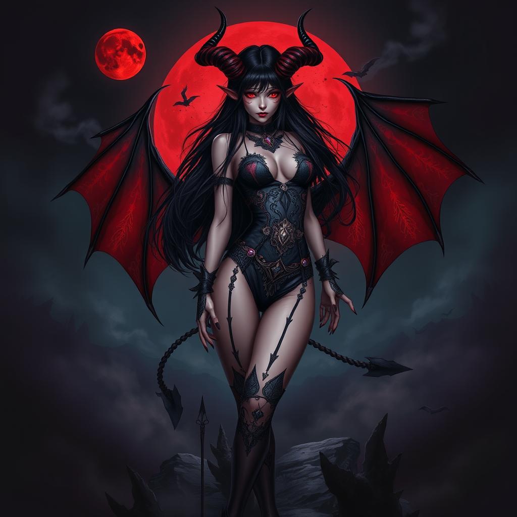 A dark fantasy poster featuring a captivating devil girl as the central character