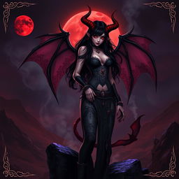 A dark fantasy poster featuring a captivating devil girl as the central character
