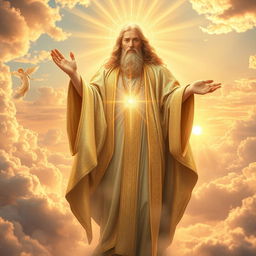 A majestic and ethereal representation of God, depicted as a radiant figure surrounded by clouds and beams of light