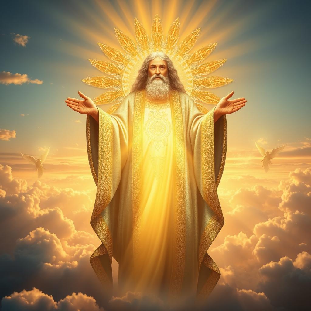 A majestic and ethereal representation of God, depicted as a radiant figure surrounded by clouds and beams of light