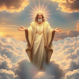 A majestic and ethereal representation of God, depicted as a radiant figure surrounded by clouds and beams of light