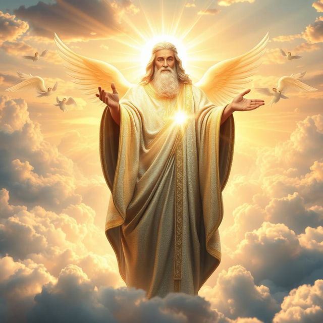 A majestic and ethereal representation of God, depicted as a radiant figure surrounded by clouds and beams of light