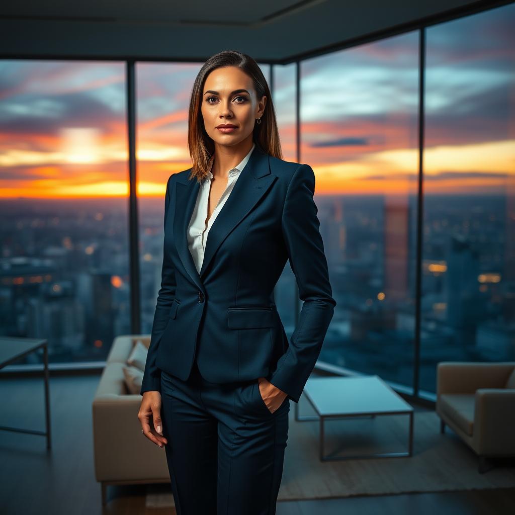 A dramatic scene depicting a powerful, authoritative woman standing confidently in a high-rise office overlooking a sprawling cityscape at sunset