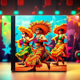 An album cover design featuring vibrant, colorful planes adorned in traditional Brazilian forró costumes, set against a lively, music-themed background