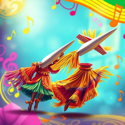 An album cover design featuring vibrant, colorful planes adorned in traditional Brazilian forró costumes, set against a lively, music-themed background