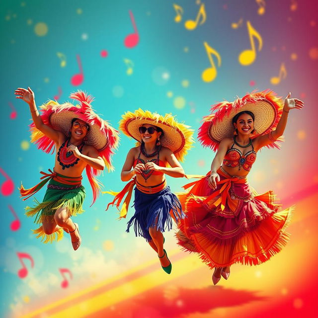 An album cover design featuring vibrant, colorful planes adorned in traditional Brazilian forró costumes, set against a lively, music-themed background