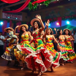 A vibrant and dynamic scene depicting a group of dancers in traditional Brazilian forró costumes, showcasing colorful patterns and lively fabrics
