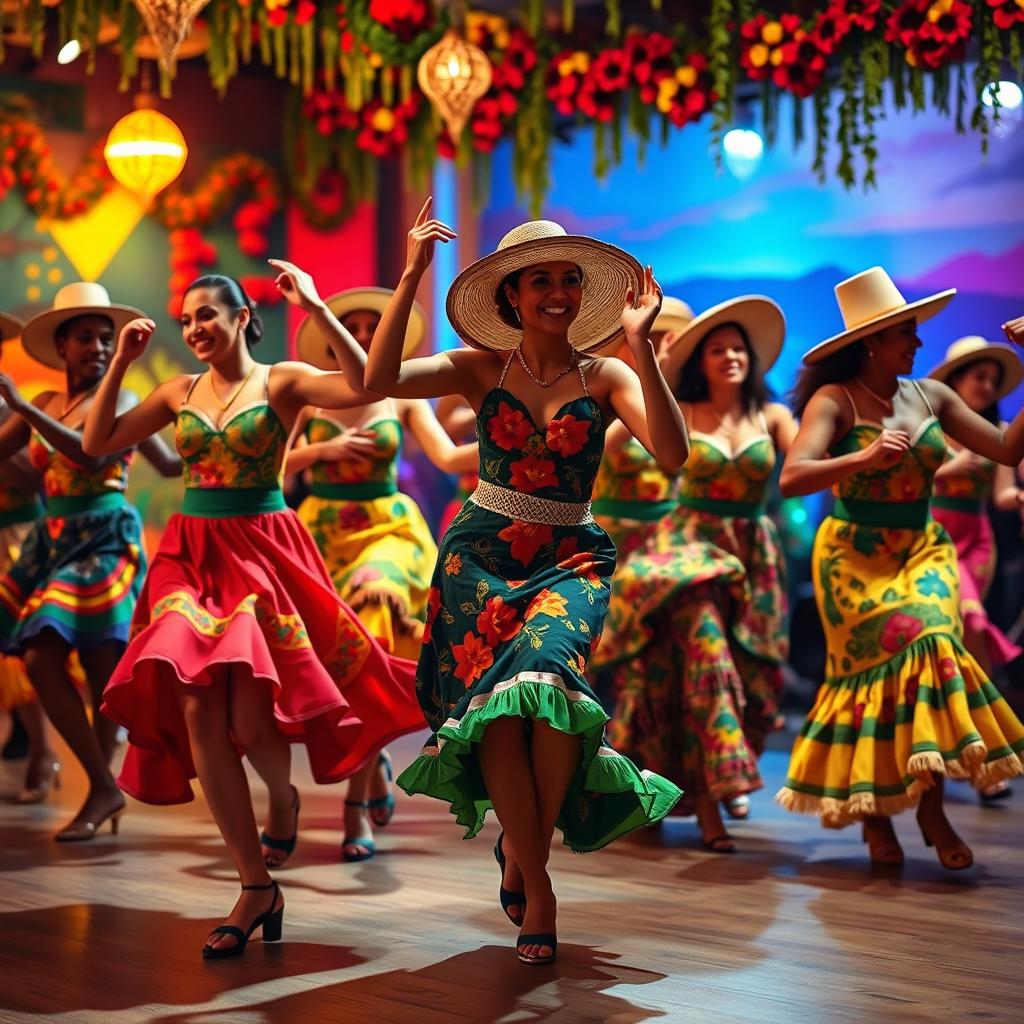 A vibrant and dynamic scene depicting a group of dancers in traditional Brazilian forró costumes, showcasing colorful patterns and lively fabrics