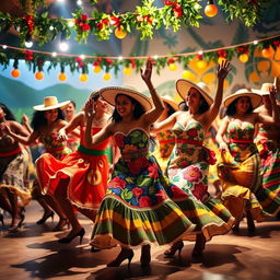 A vibrant and dynamic scene depicting a group of dancers in traditional Brazilian forró costumes, showcasing colorful patterns and lively fabrics
