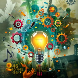 A visually striking representation of intelligence, interest, and talent intertwined, featuring a brilliant light bulb to symbolize intelligence, surrounded by colorful gears representing different interests and talents