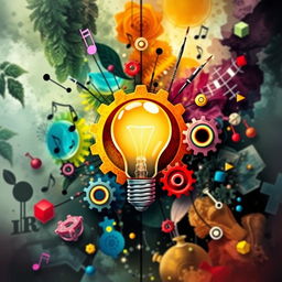 A visually striking representation of intelligence, interest, and talent intertwined, featuring a brilliant light bulb to symbolize intelligence, surrounded by colorful gears representing different interests and talents