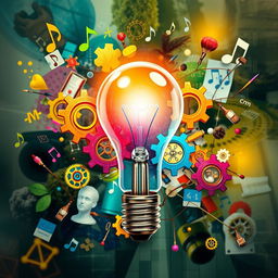 A visually striking representation of intelligence, interest, and talent intertwined, featuring a brilliant light bulb to symbolize intelligence, surrounded by colorful gears representing different interests and talents
