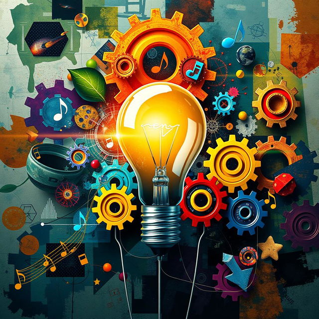 A visually striking representation of intelligence, interest, and talent intertwined, featuring a brilliant light bulb to symbolize intelligence, surrounded by colorful gears representing different interests and talents