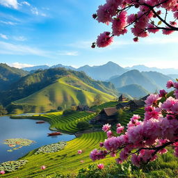 A breathtaking landscape of Asia, featuring lush green rice terraces cascading down mountains, a serene lake with lotus flowers, and traditional wooden boats floating gently on the water