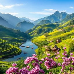 A breathtaking landscape of Asia, featuring lush green rice terraces cascading down mountains, a serene lake with lotus flowers, and traditional wooden boats floating gently on the water
