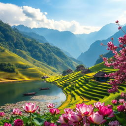 A breathtaking landscape of Asia, featuring lush green rice terraces cascading down mountains, a serene lake with lotus flowers, and traditional wooden boats floating gently on the water