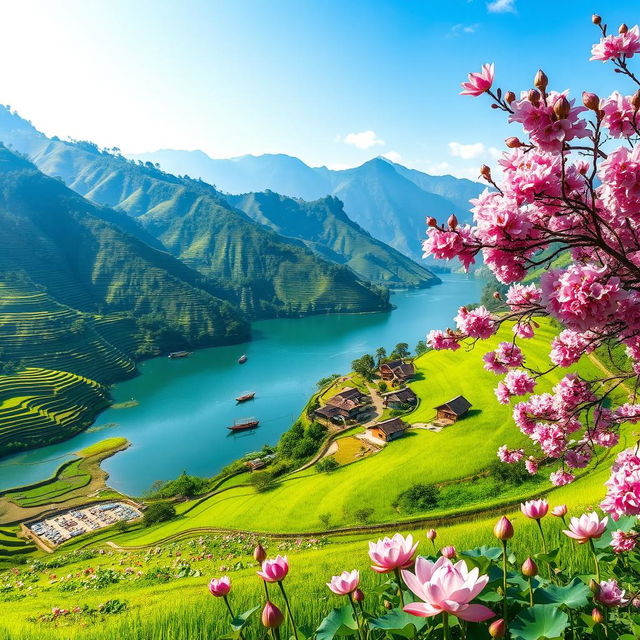 A breathtaking landscape of Asia, featuring lush green rice terraces cascading down mountains, a serene lake with lotus flowers, and traditional wooden boats floating gently on the water