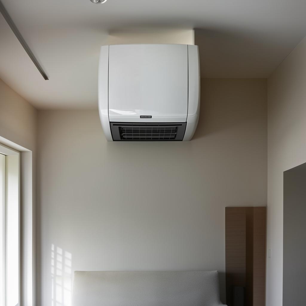 A modern, efficient air conditioner unit situated in a bright, clean room, quietly circulating cool air.