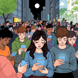 A thoughtful and engaging illustration depicting the negative effects of excessive social media use on society